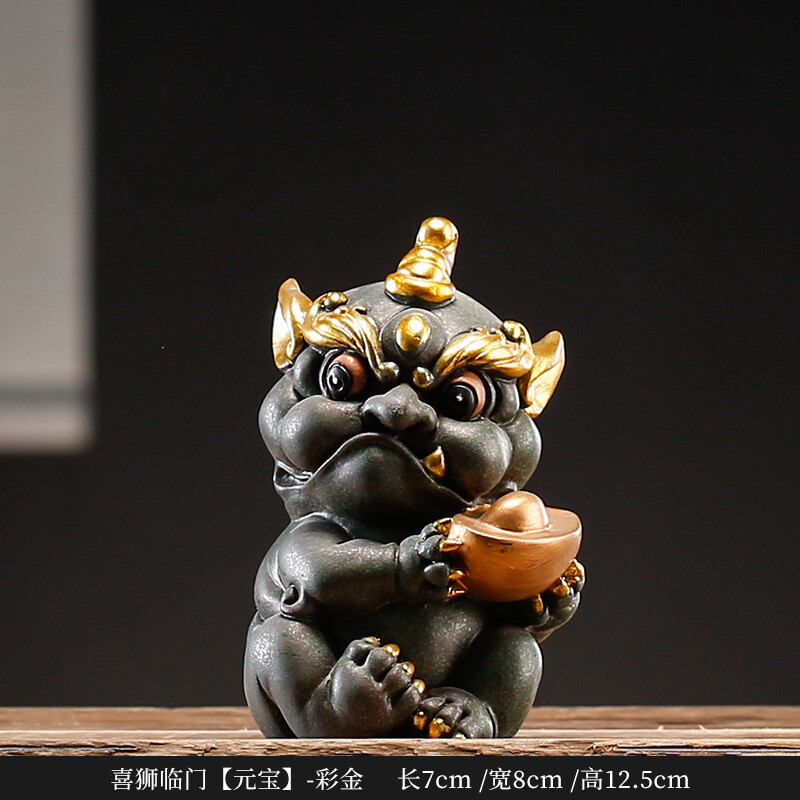 A Pair of Green Sand Stone Auspicious Pixiu Tea Pet Statue Desktop Decoration