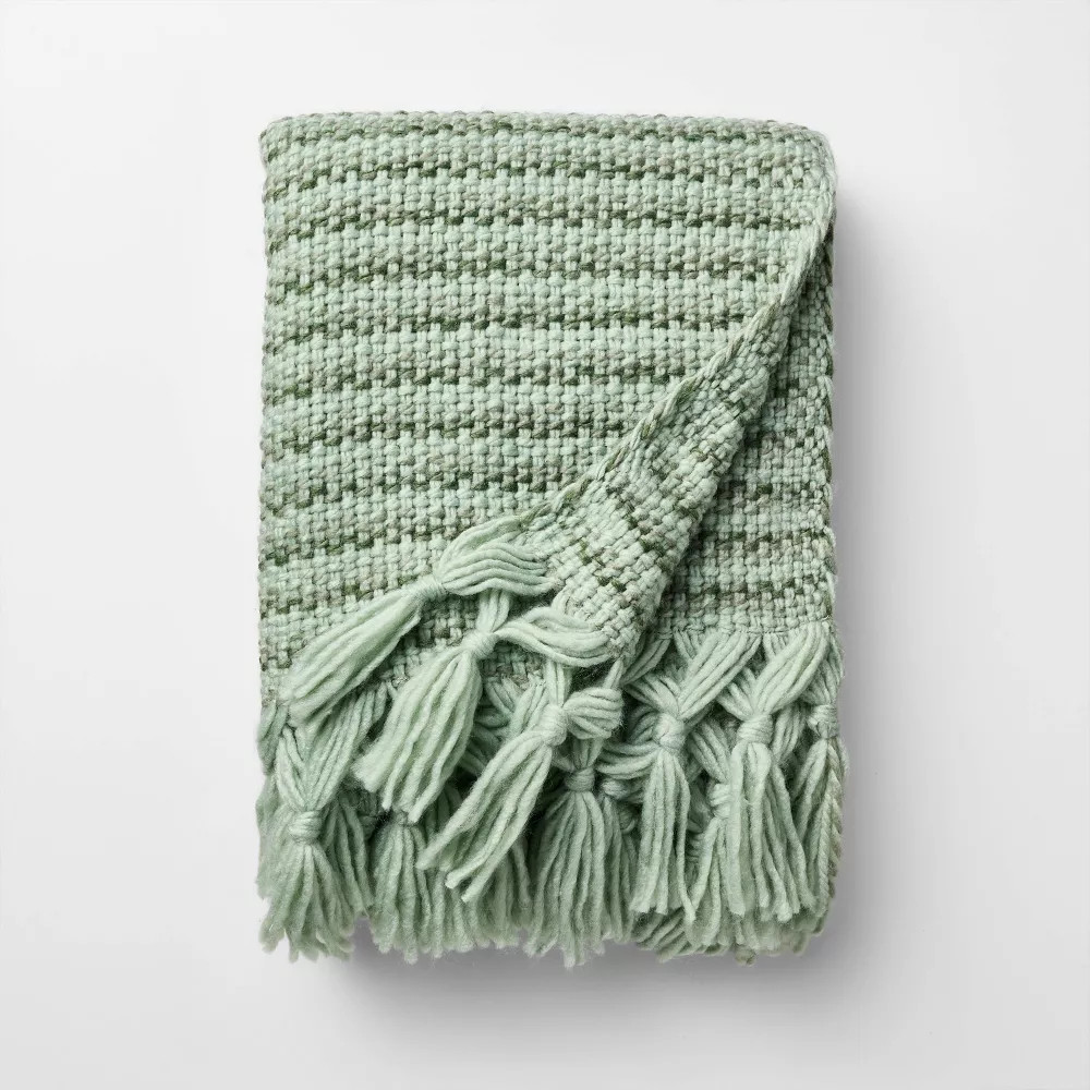 50 x 60 Throw Mixed Yarn Woven with Crossed Tassels Multi Green