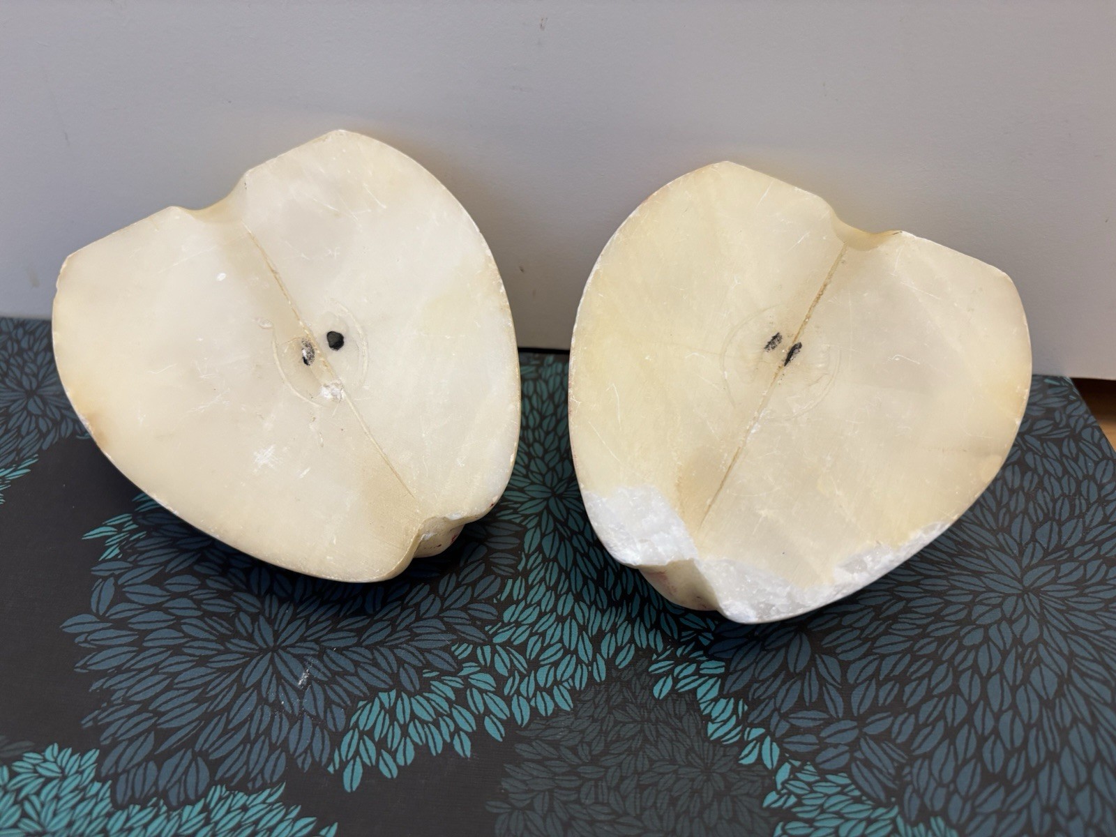 Set of Half Cut Alabaster Marble Antique Apple Stone Fruit Realistic Bookends