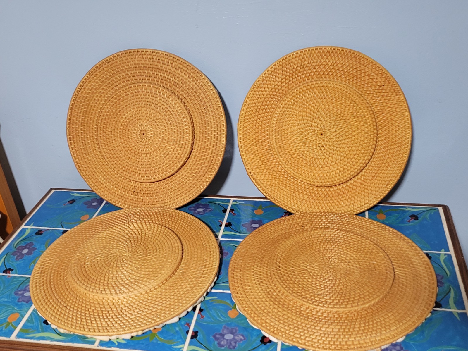 Vintage 8 Pottery Barn Sea Shell Rimmed Rattan Charger Beach Hand Woven