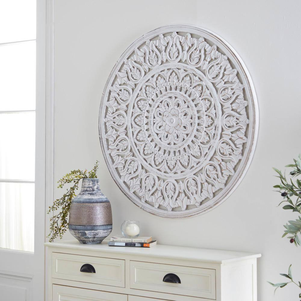 36 In. X 36 In. Wood White Handmade Intricately Carved Floral Wall Decor with Ma
