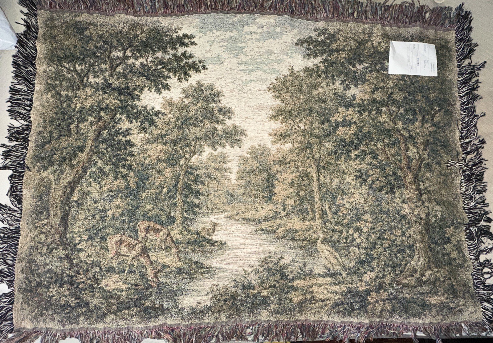 Fringed Woven Tapestry Wall Hanging Deer Forest Landscape Horizontal Green Brown