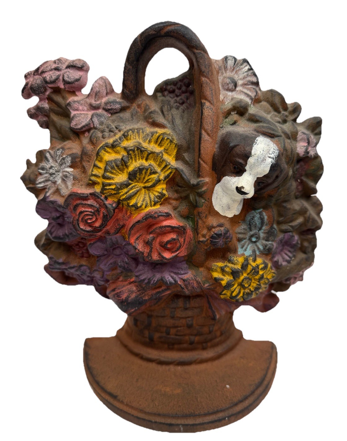 Antique Upper Deck Cast Iron Doorstop 11″ Basket Flowers Puppy Dog Floral VTG