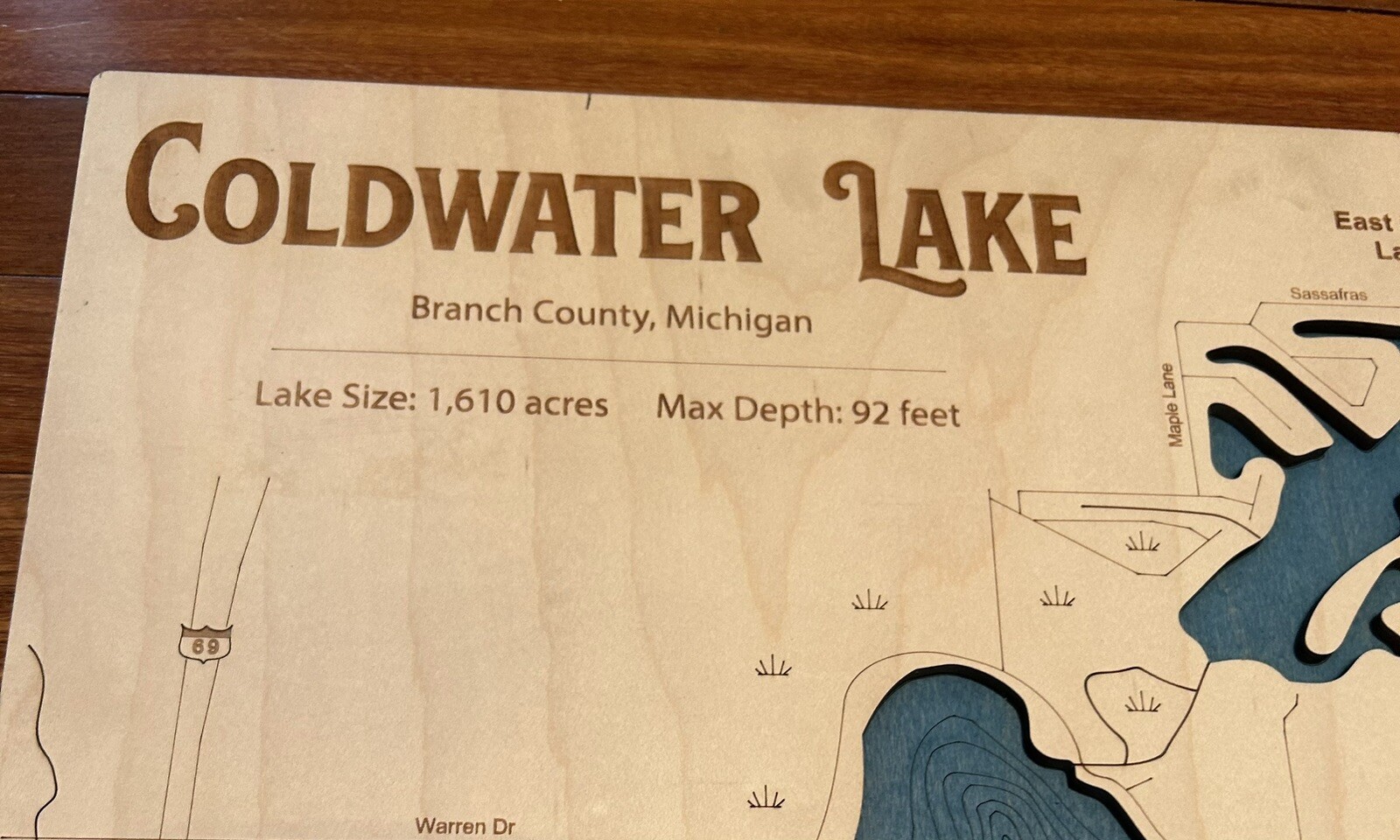Sportsman’s Connection Wood Laser Cut Contour Wall Map Coldwater Lake Michigan