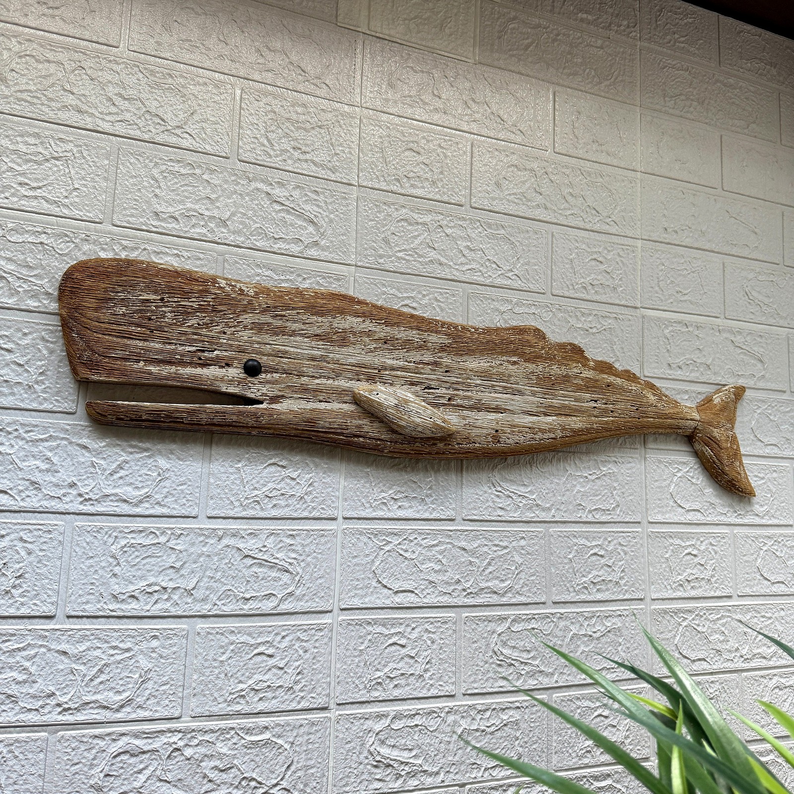 Wood Whale Wall Sculpture Coastal Whitewashed 29in Hanging Decor Art
