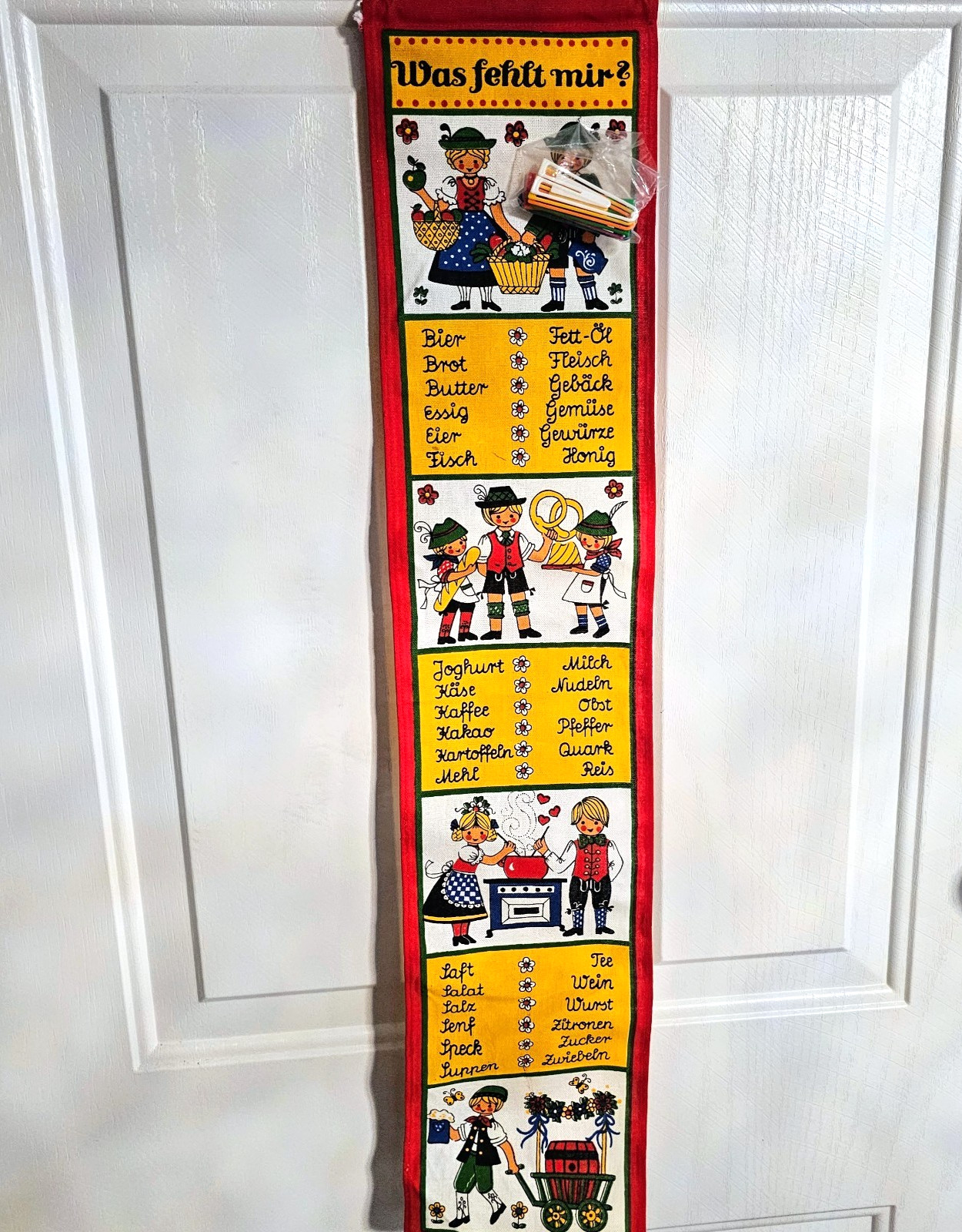 Vintage German Fabric Wall Hanging Was Fehlt Mir Kitsch Retro Folk Art Banner