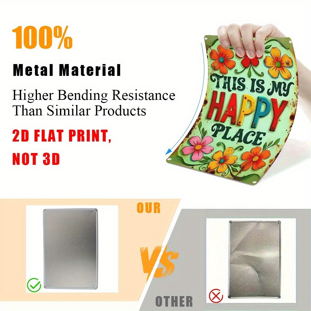 Retro Garden Decor Metal Sign This Is My Happy Place Colorful Floral Plaque 12×8
