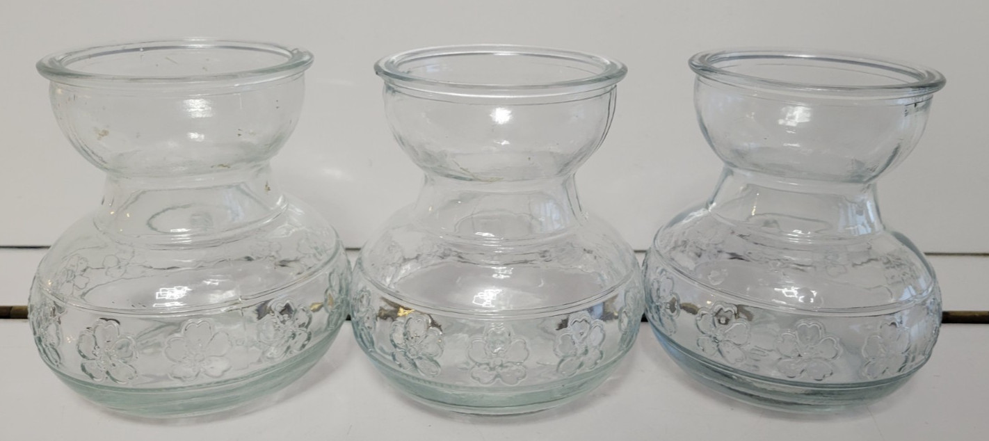 3 CLEAR GLASS ROUND VASES EMBOSSED WITH 4 LEAF CLOVERS 4 INCHES