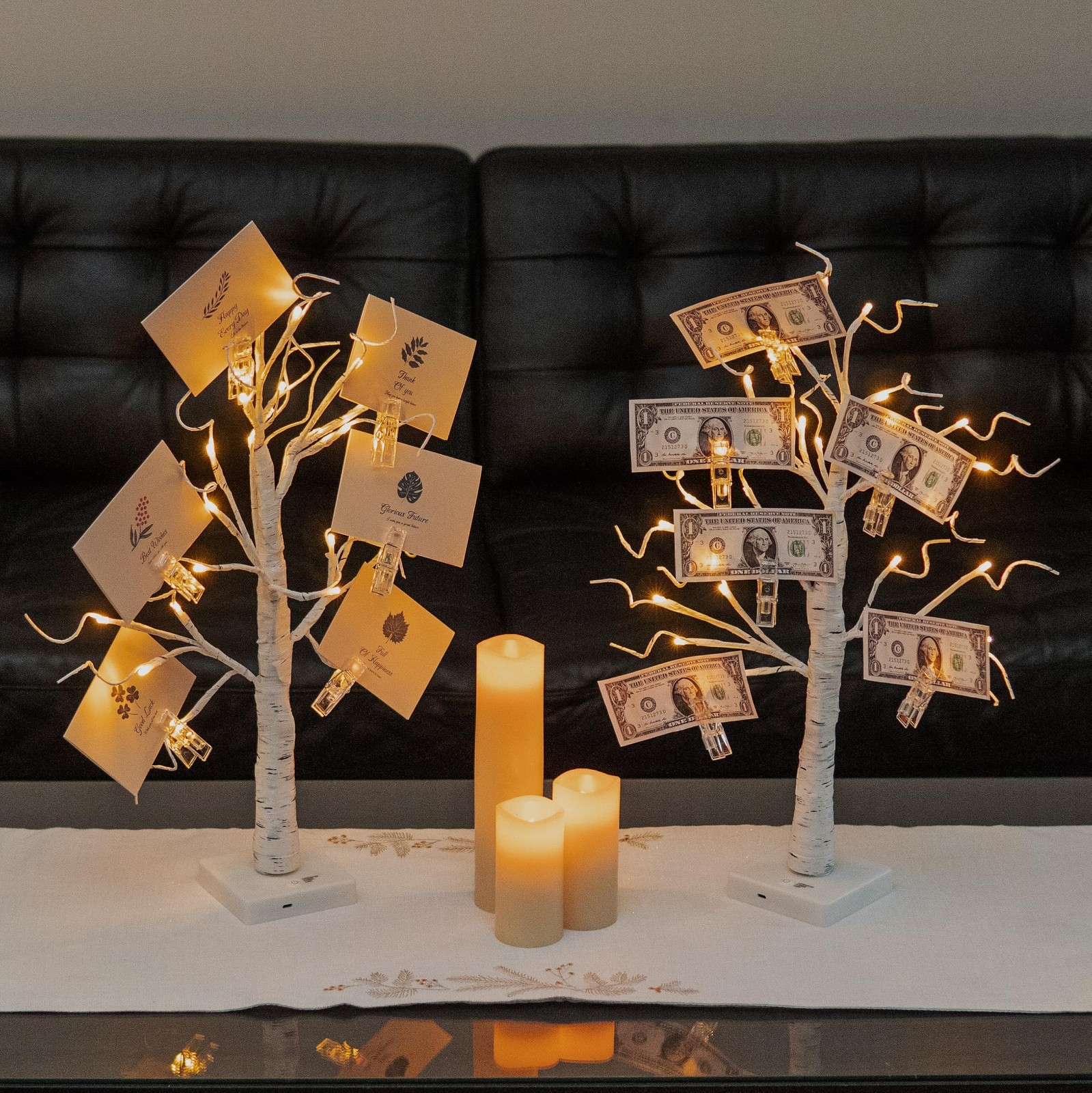 2 PCS Money Tree Gift Card Holder 2FT 24LED Lighted Birch Photo Display Clip