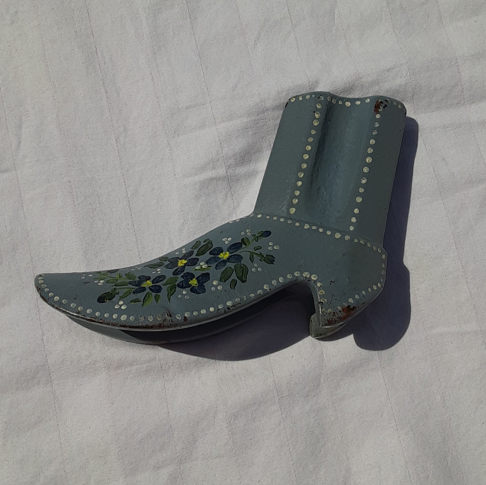 Vintage Doorstop Holder Cast Iron Boot Hand Painted Gray Blue Flowers