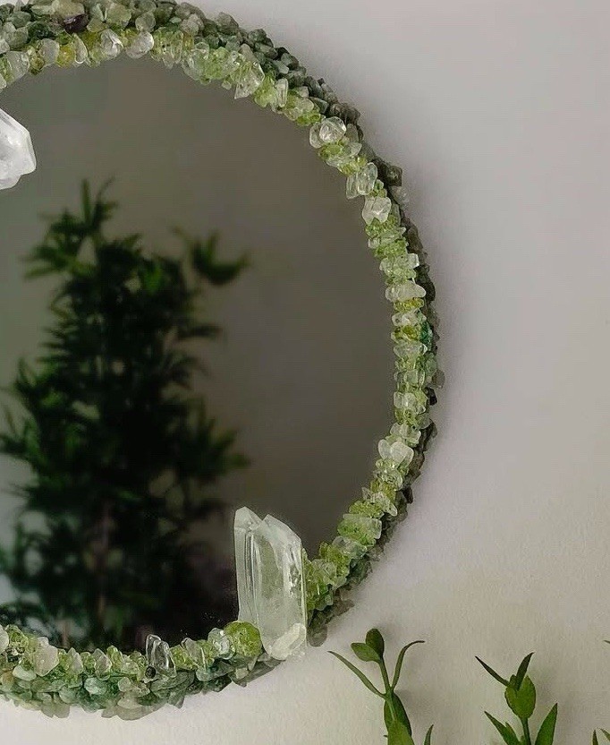 30” Aventurine, Peridot & Quartz Round Mirror | Handmade Crystal Wall Mirror