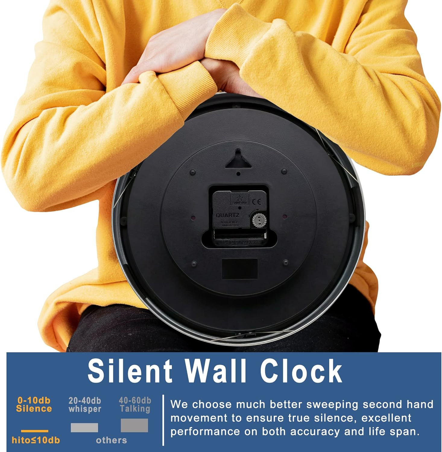10 Inch Silent Wall Clock Battery Operated Non Ticking Glass Cover Silver Alumin