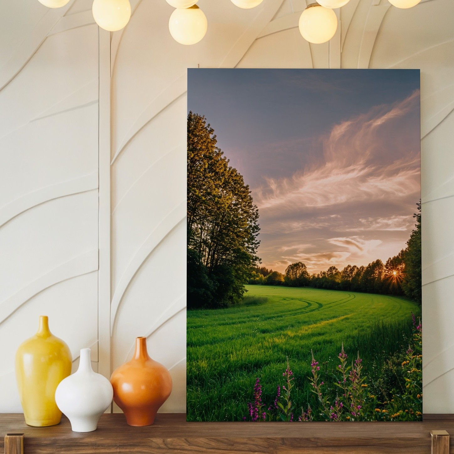 Wall Art Serene Landscape At Golden Hour, Featuring A Lush Green Field Bordered