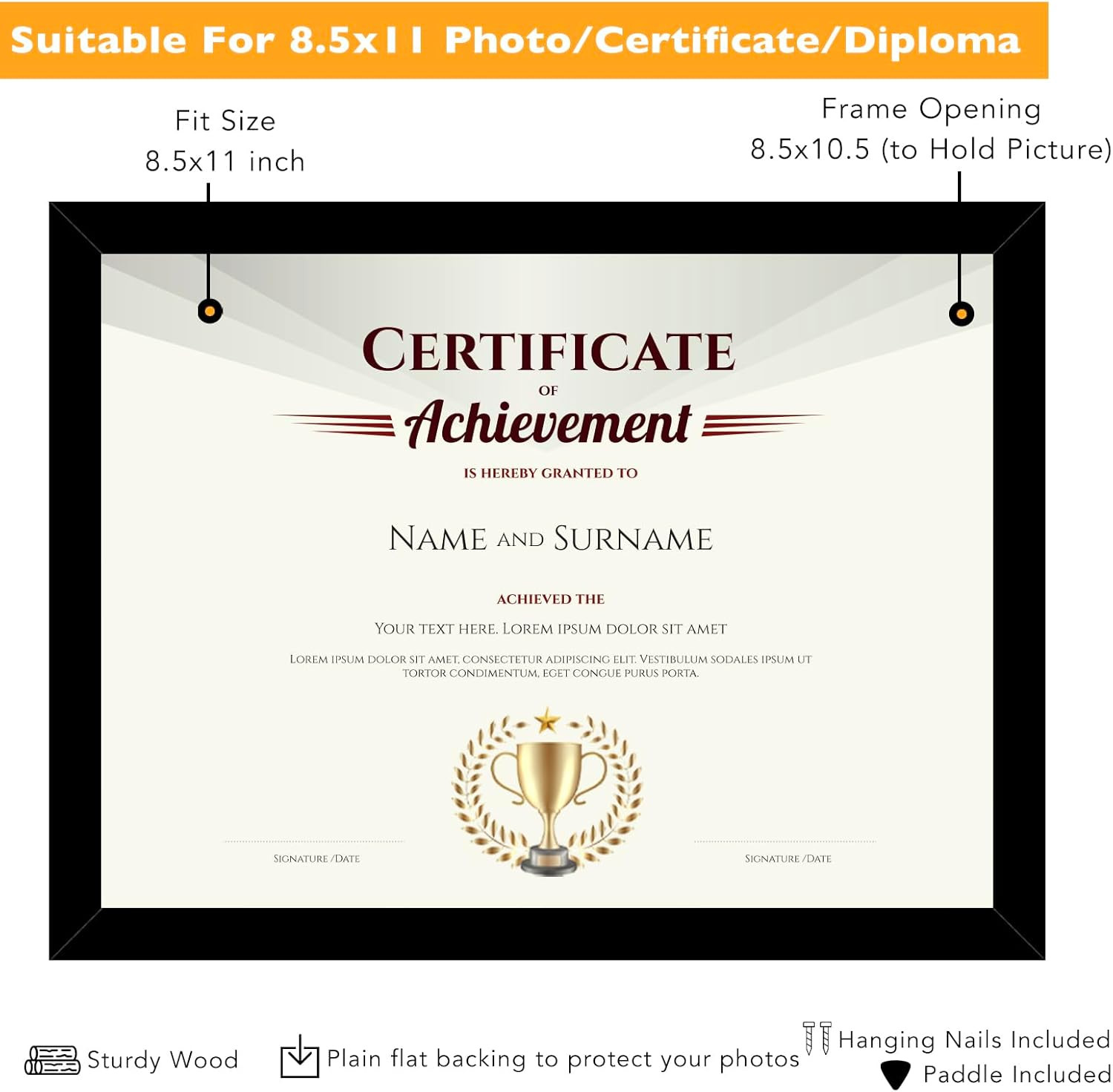 8.5X11 Picture Frame Black for 8.5 by 11 Document Certificate Diploma, Wood 8 1/