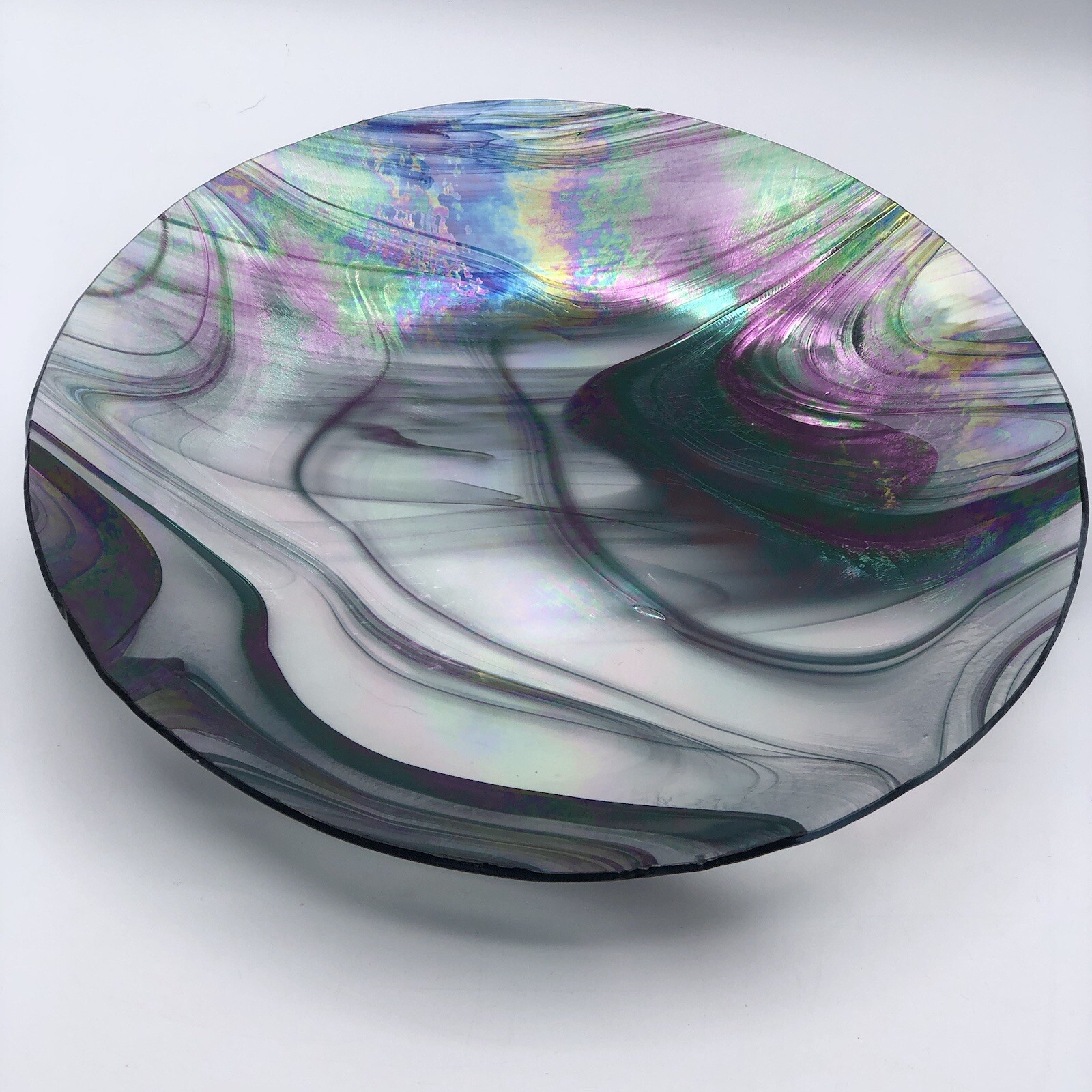 Iridescent Opalescent (Oil Slick) Glass Charger/Platter With Silver Metal Stand
