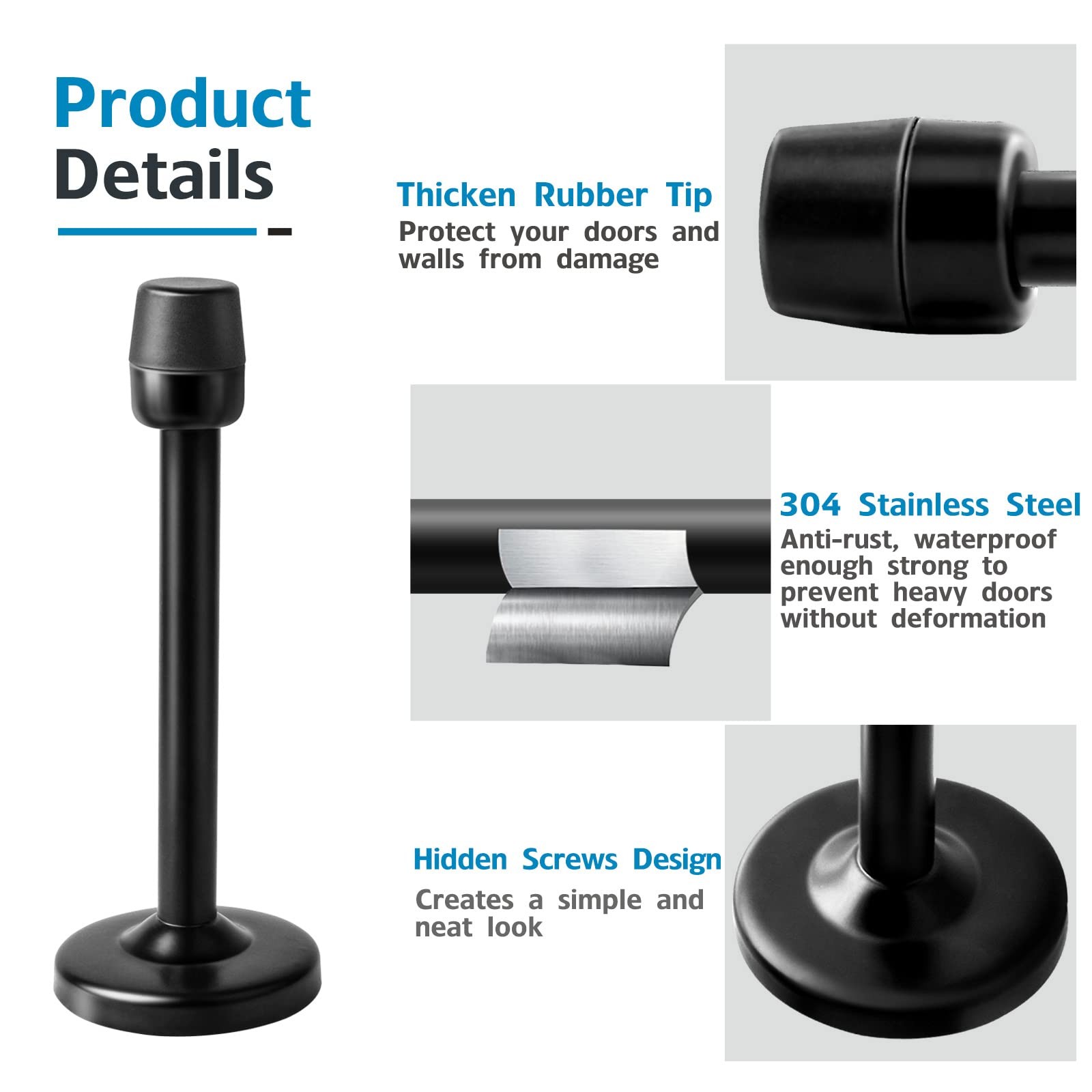 KOLAKO 4 Pack Long Door Stopper 4 Inch Black Door Stops, Stainless Steel,