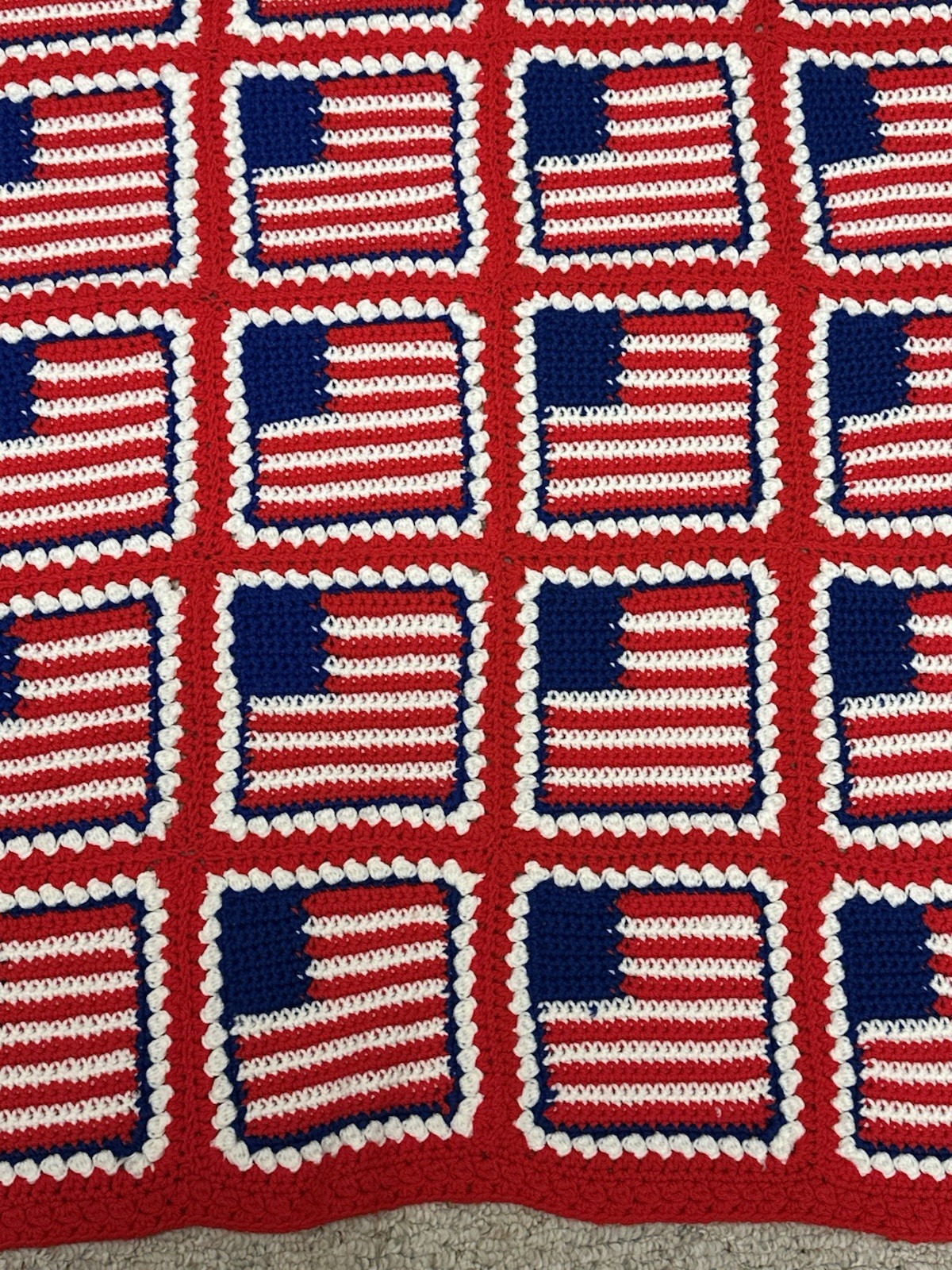 Vintage Handmade Afghan Crochet Blanket Quilt Granny Square American Flag Red