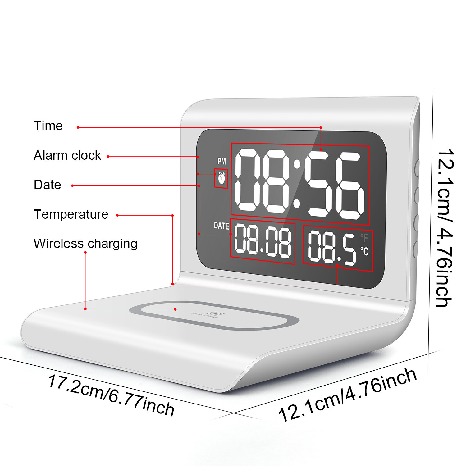 Digital Alarm Clock With Thermometer 15W Wireless Charger For iPhone Samsung