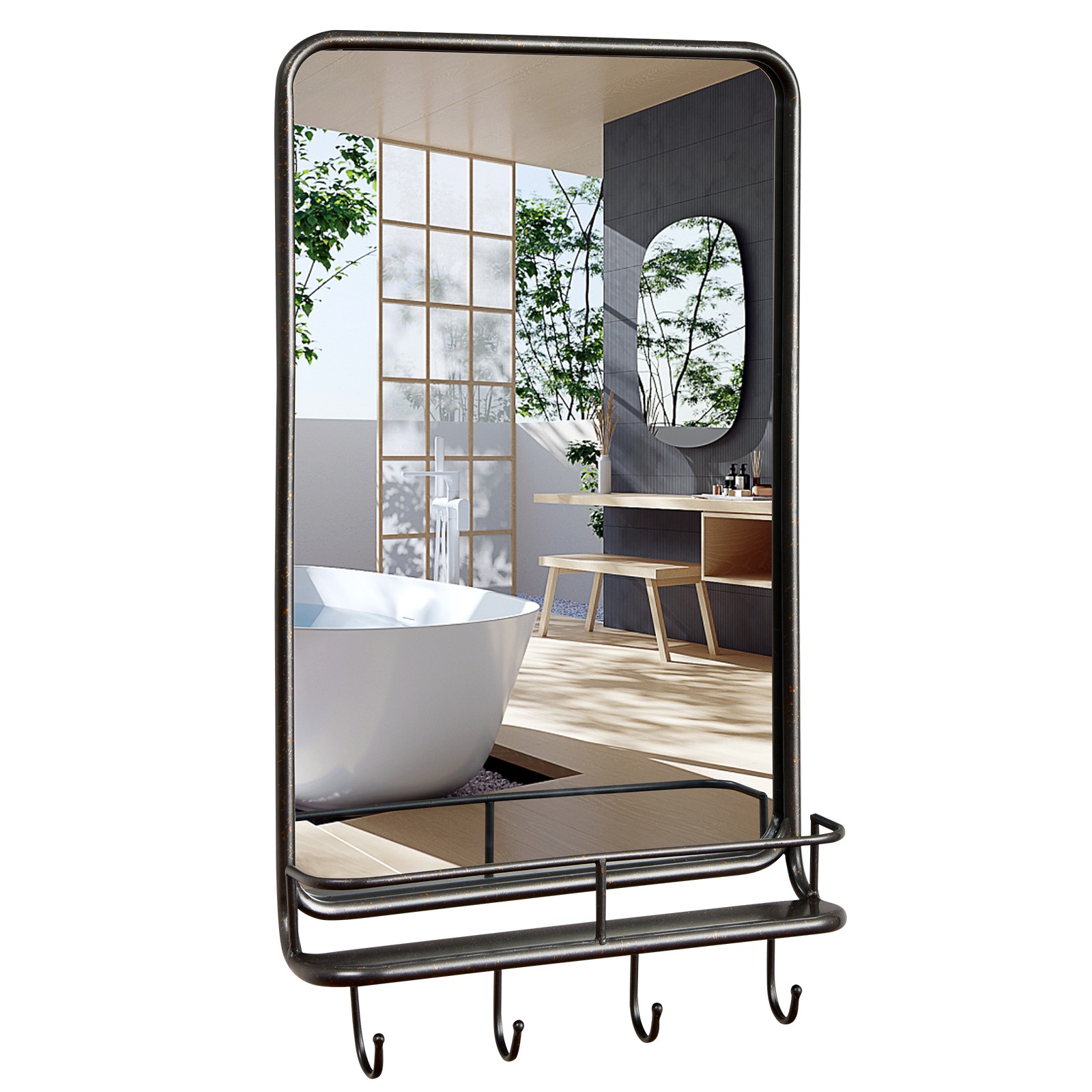 Wall Mounted Bathroom Mirror Rectangle Vanity Mirror with Shelf & 4 Hooks Black