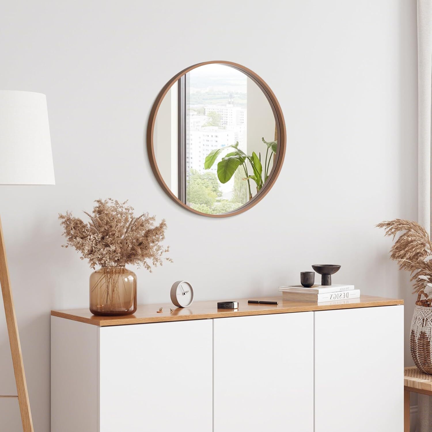 Pine Bordered Round Mirror with Wood Frame 24-Inch Bathroom Round Wall Mirror