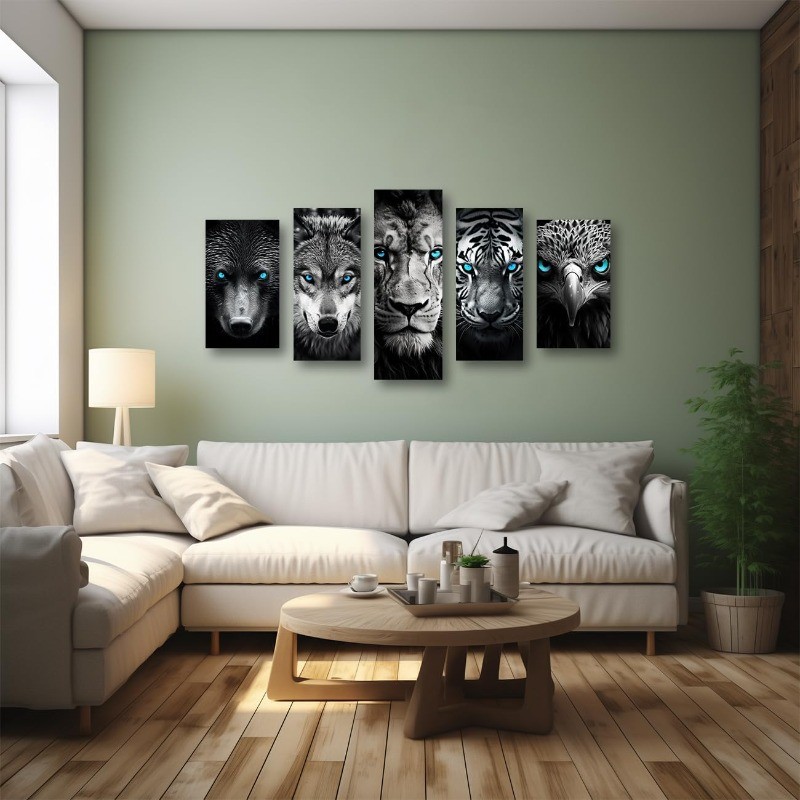 Black and White Animal Canvas Wall Art 5 Pieces Blue Eyes Eagle Bear Tiger Wolf