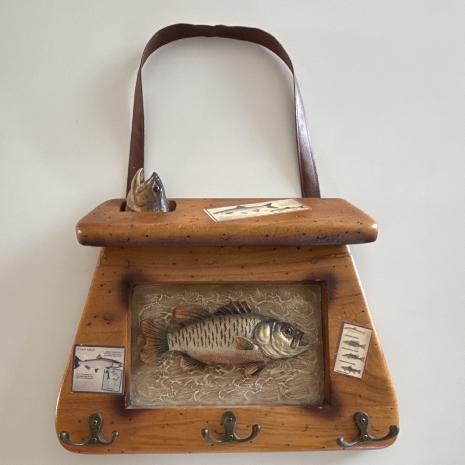 Fish Design Wooden Resin Wall Mounted Key Rack with Coat Hooks Brown Rectangle