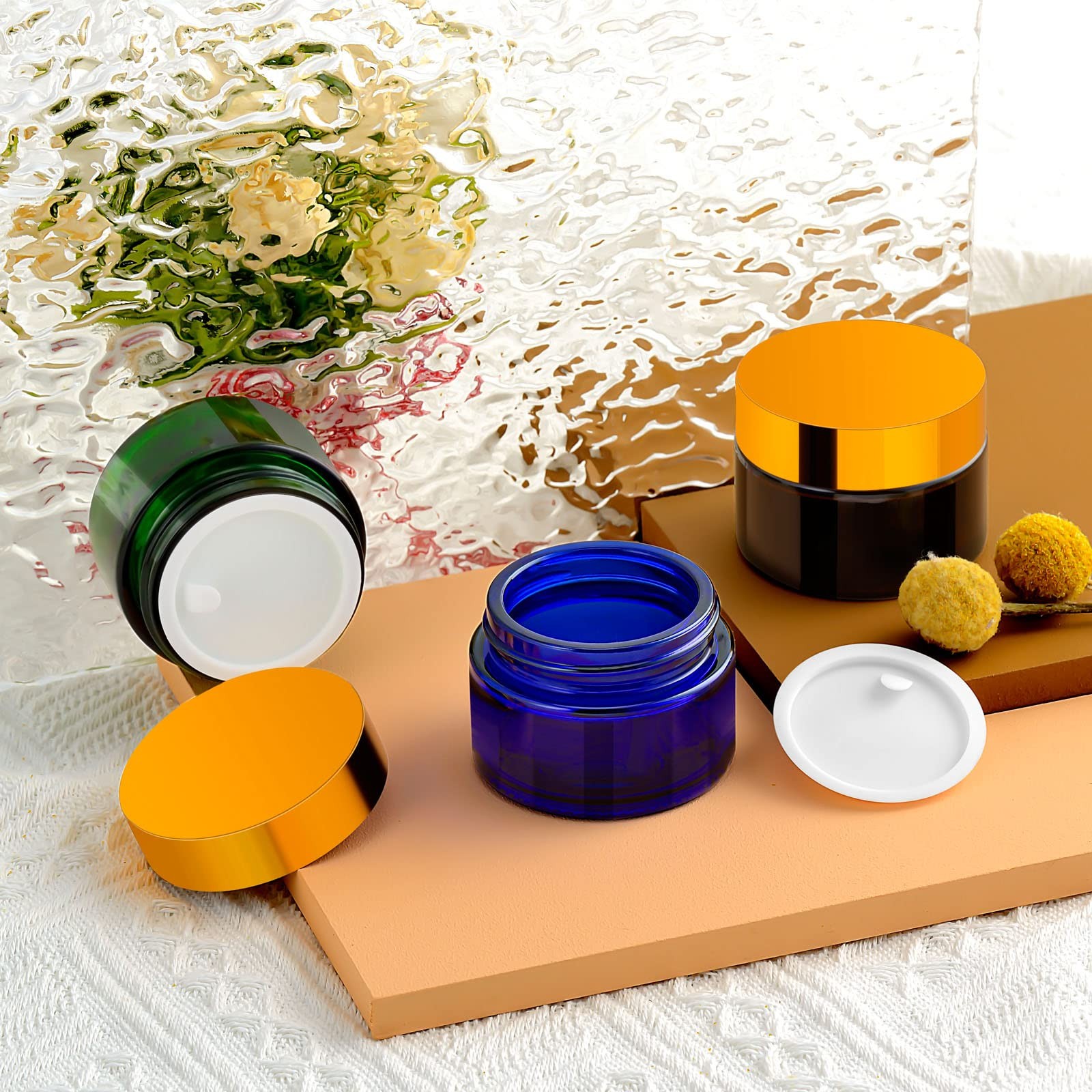 Iron Bill 1 Oz Cobalt Blue Round Glass Jars Inner Liners And Gold Lids12Pcs