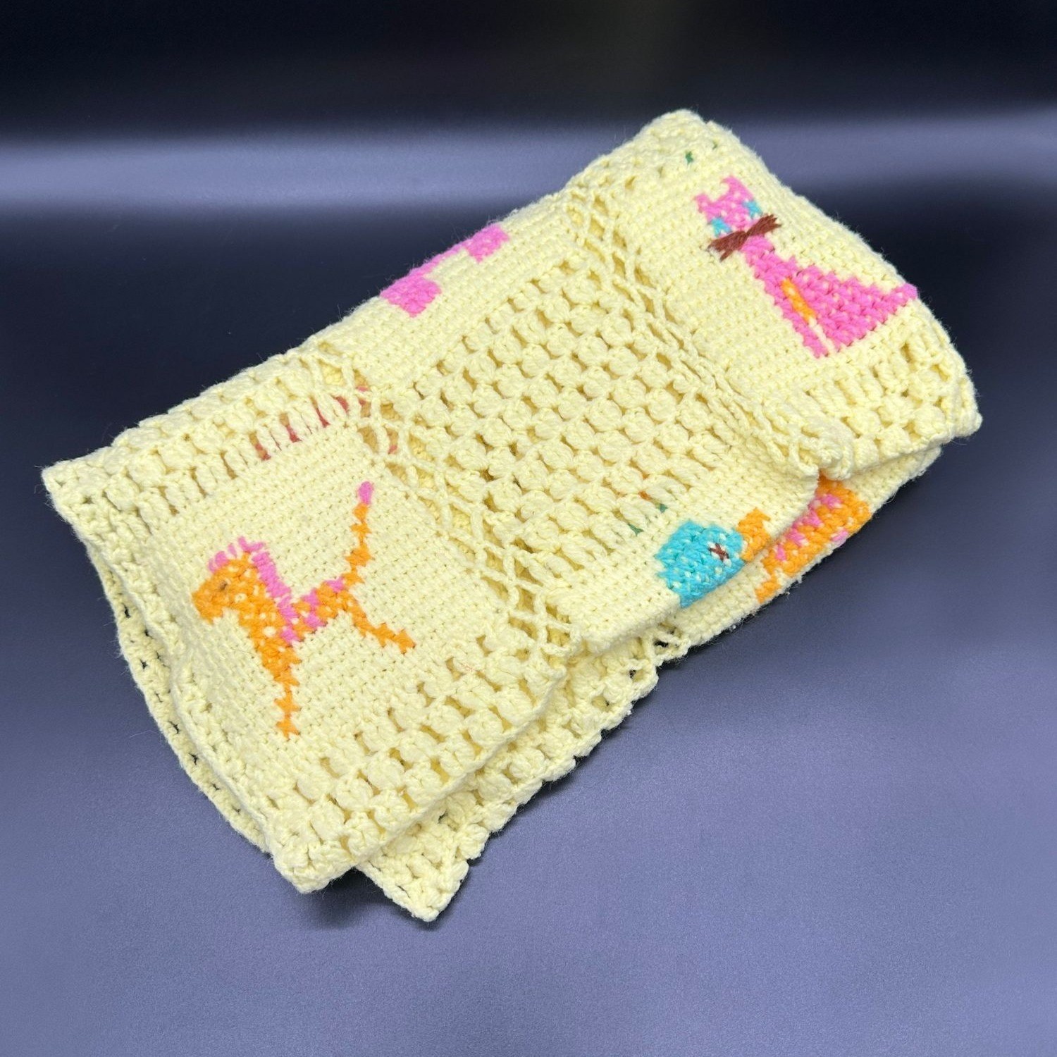 Vintage Handmade Crocheted Baby Blanket Yellow Pink Blue Animal Pastel Unisex