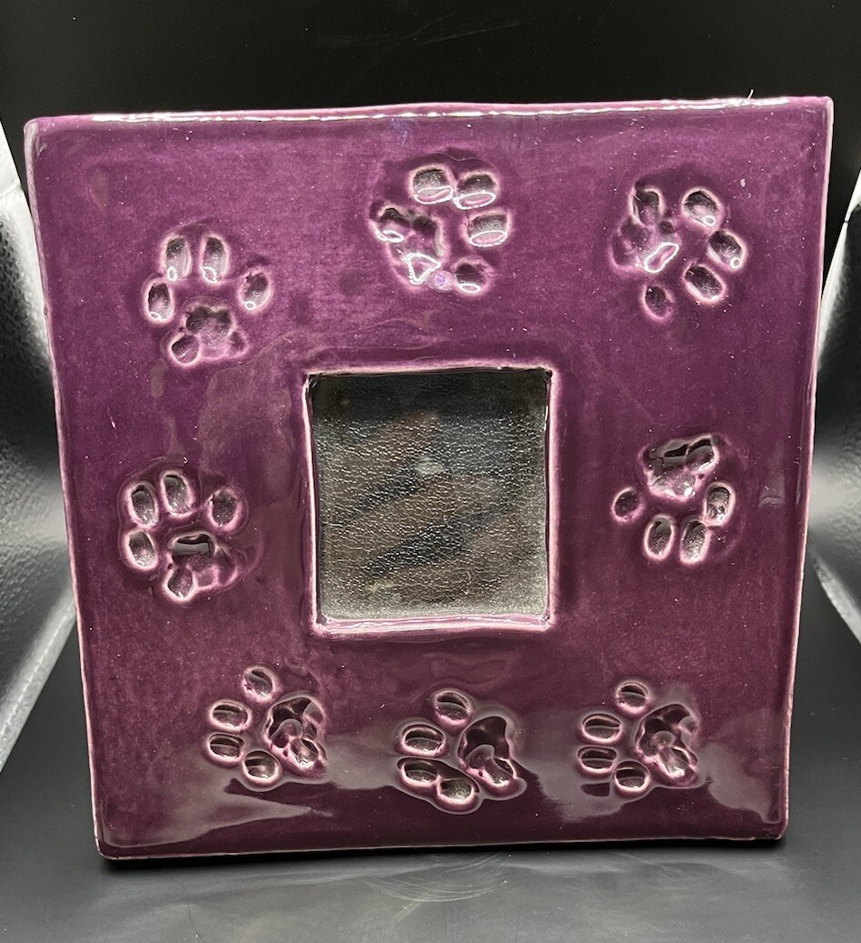 Ceramic Purple Glaze Dog Paws Frame 6”x6” 2 inch Opening For Picture As-Is