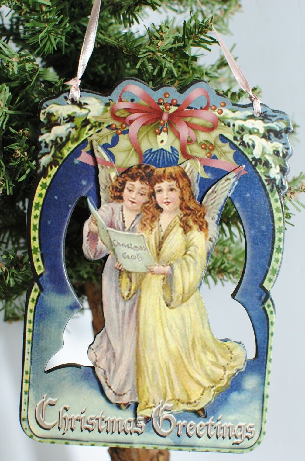 Vintage Santa and Angels Hanging 8in on Ribbon Victorian Christmas Sign Lot of 2