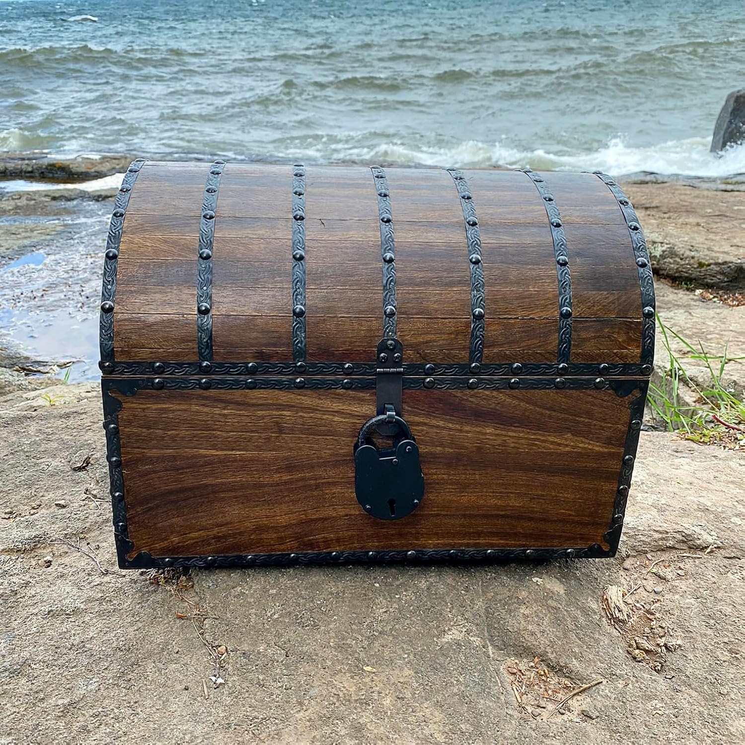 Nautical Cove Wood Treasure Chest w/ Rivets, Iron Straps, Lock & Skeleton Keys