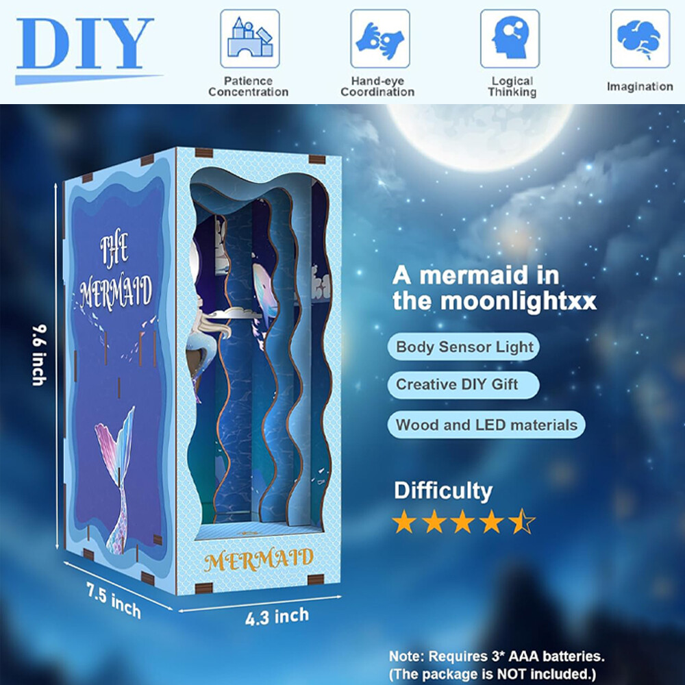 DIY Book Nook Kit for Adults 3D Wooden Puzzle Mermaid Wooden Dollhouse Bookend