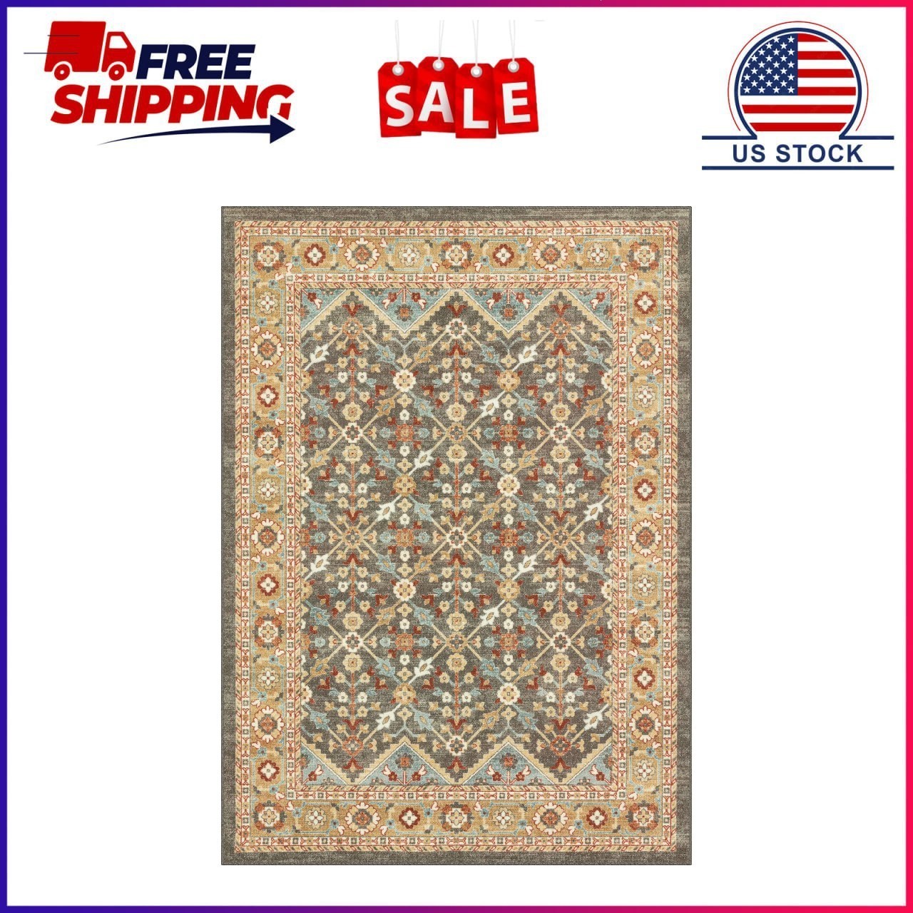 Mainstays Persian Border Medallion Loop Print Rust Brown Indoor Area Rug, 5’x7′