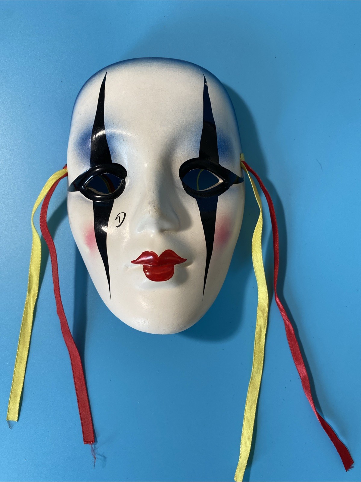 Ceramic Face Mardi Gras Masks Small Two 2 Harlequin Masks Red White Black Blue