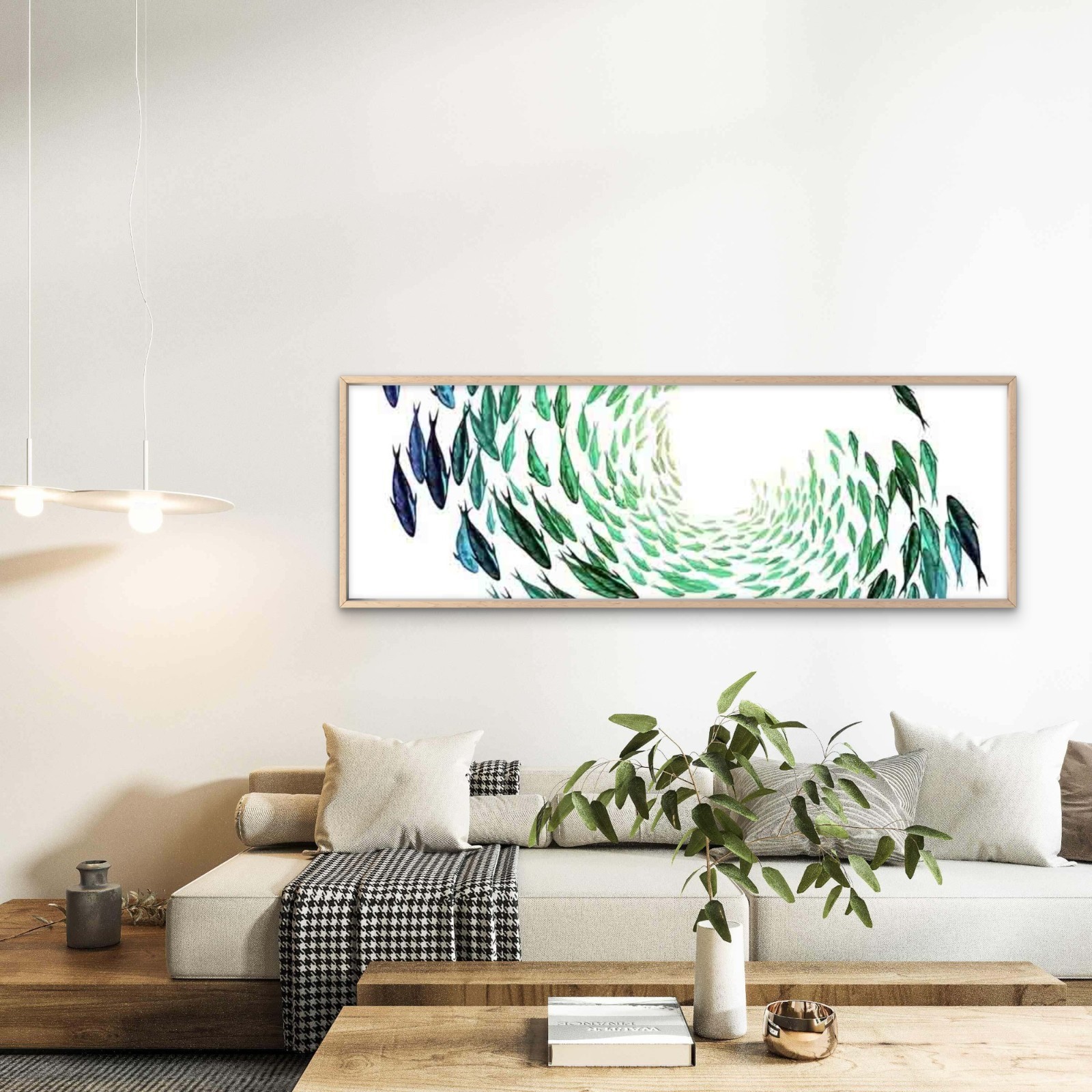 Panoramic Green Gradient Fish School Canvas Print Wall Art Home Decor