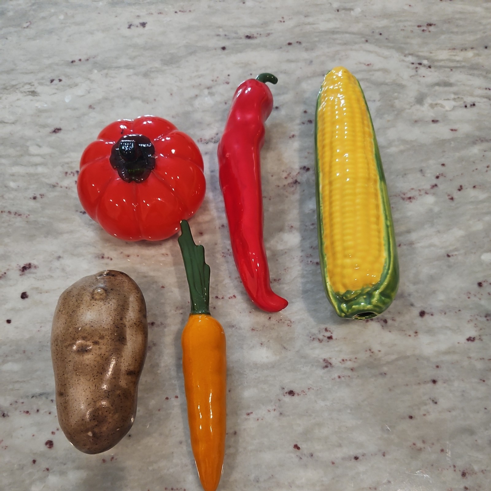 Vintage Glazed Ceramic and Glass Handmade Hand Painted Vegetables 5 Pieces
