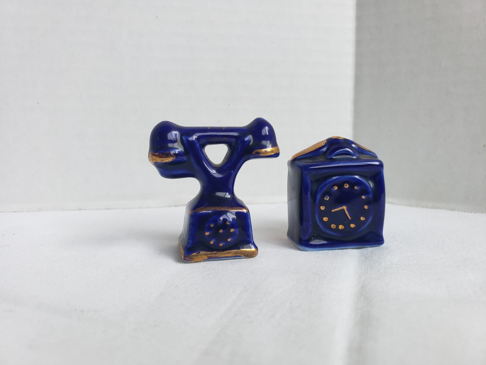 Vintage Enesco Miniature Bone China Telephone Cobalt Blue & Clock #FF