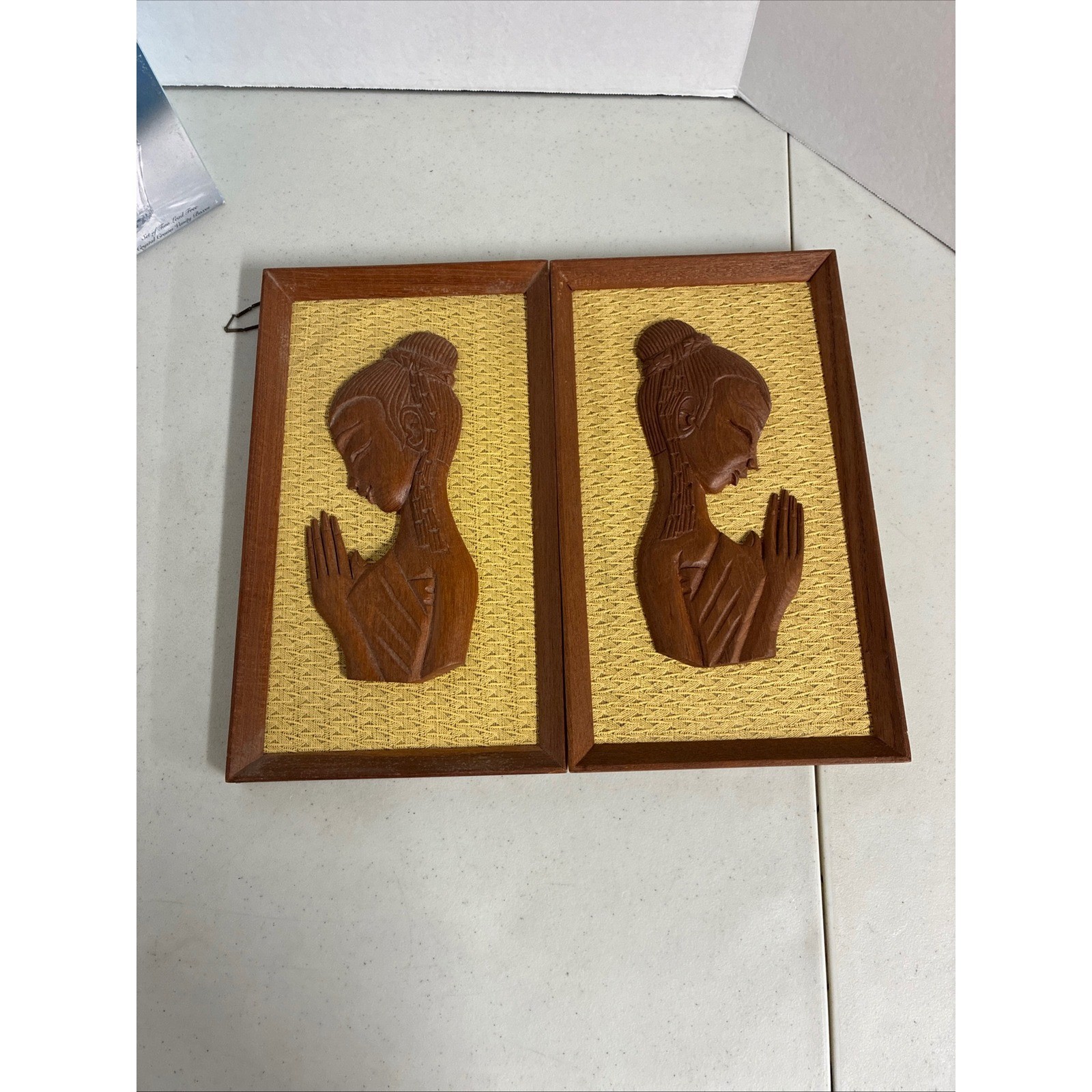 Vintage Mid Century Thai Wood Carved Wall Art Set 2 Praying Woman Mirrored