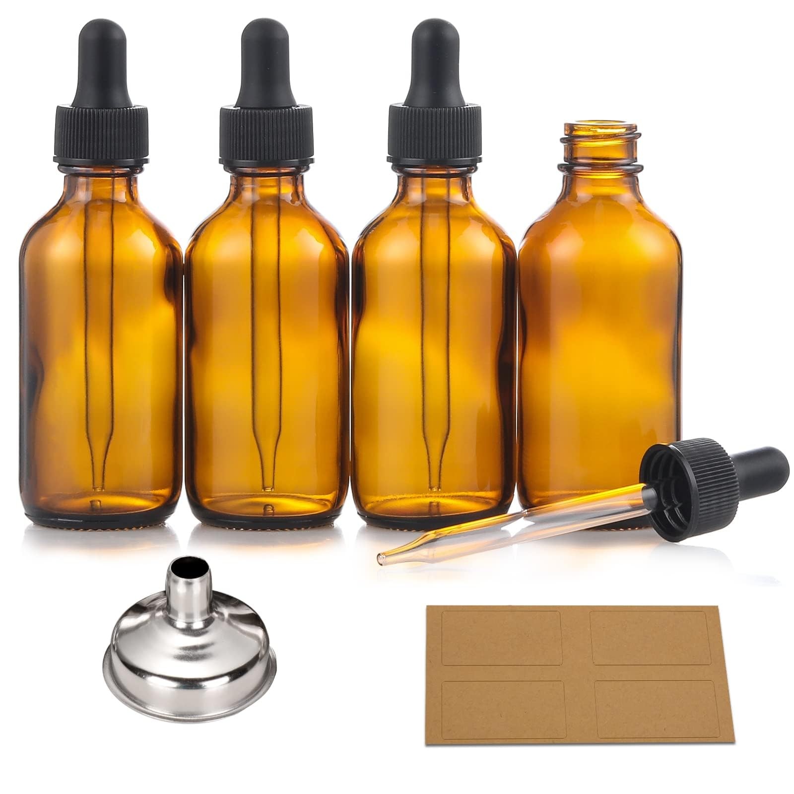 4 Pack, 2 oz Bottles with Dropper & 1 Funnel & 4 Labels – 2OZ, Amber
