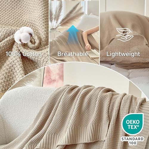 100% Cotton Throw Blanket, Solid Color Cable Knitted Throw 50×60″ Light Khaki