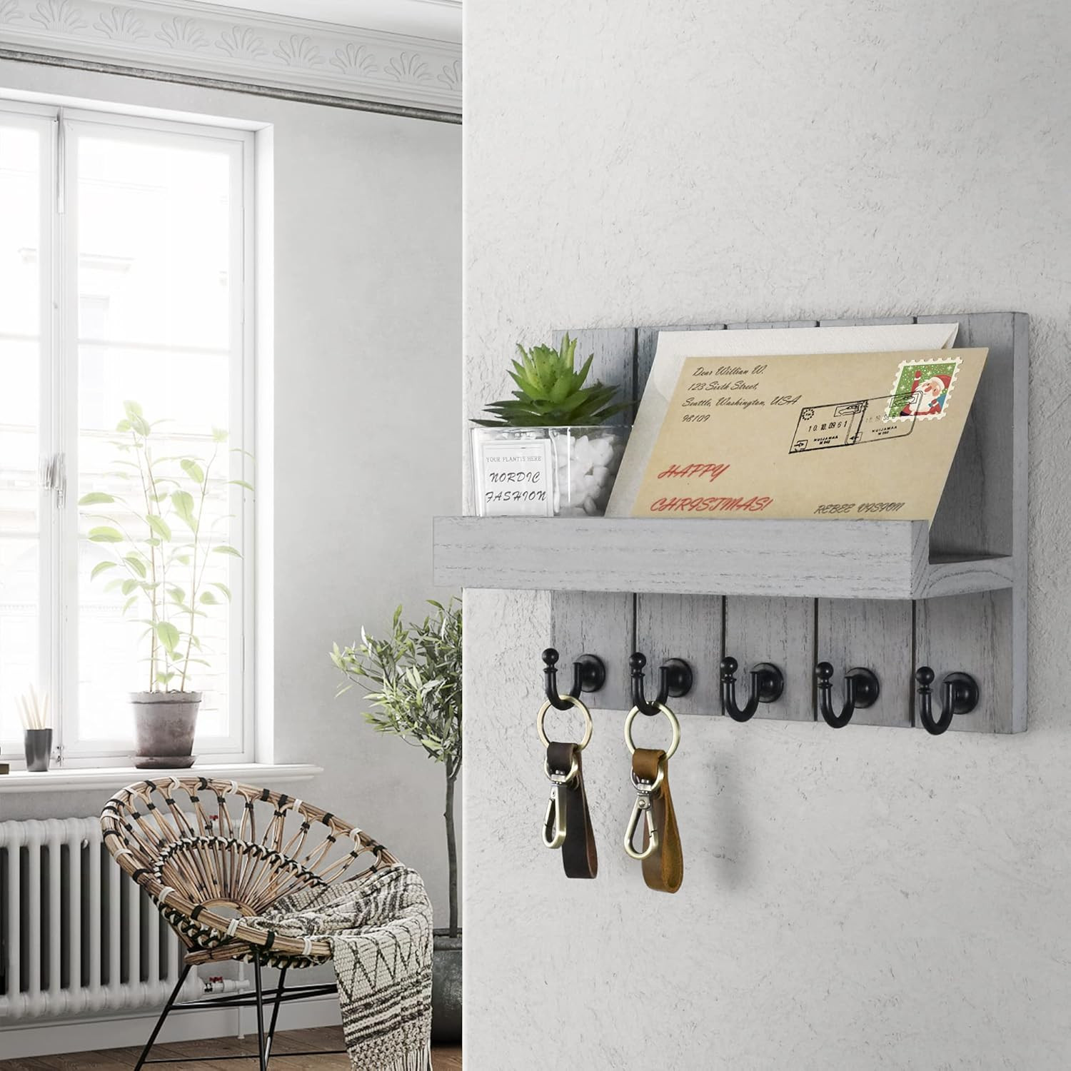 Decorative Key and Mail Holder for Wall – Modern Key Hooks with Shelf and Mail O