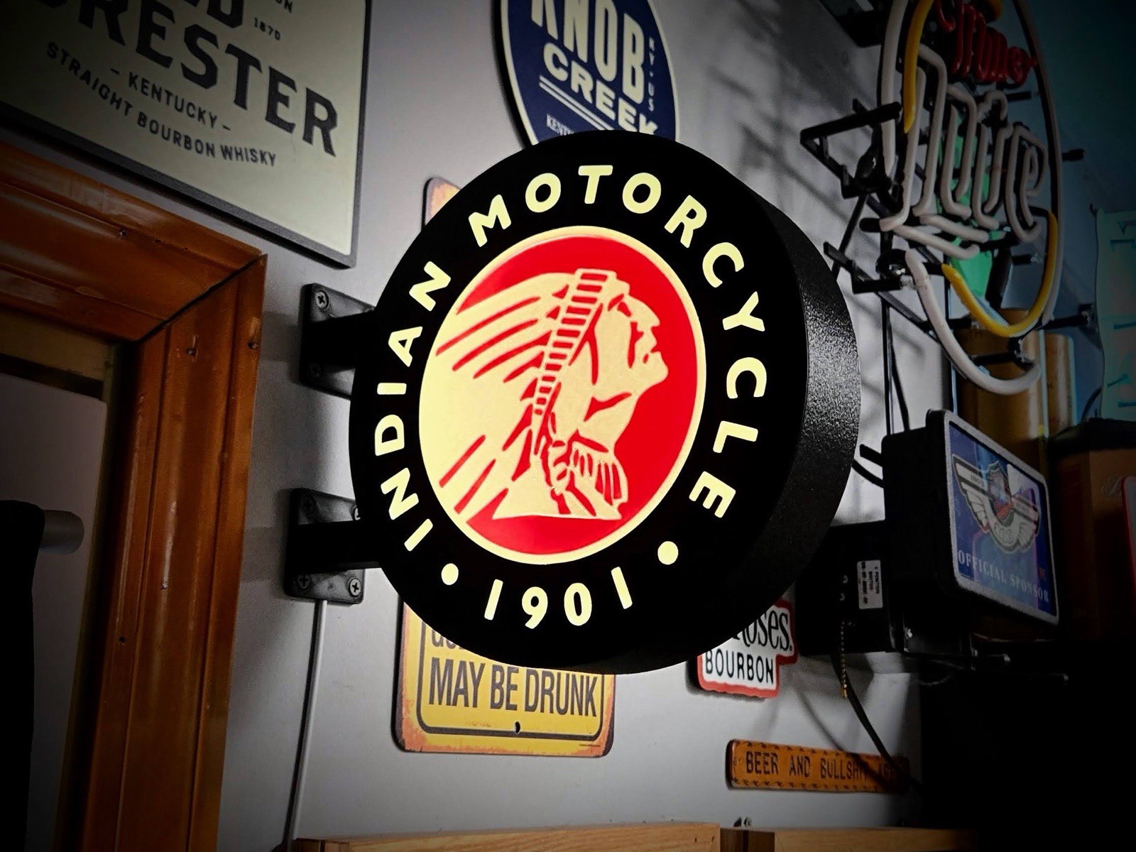 Indian Motorcycle Round LED Light Box | Double Sided Garage Sign RGB