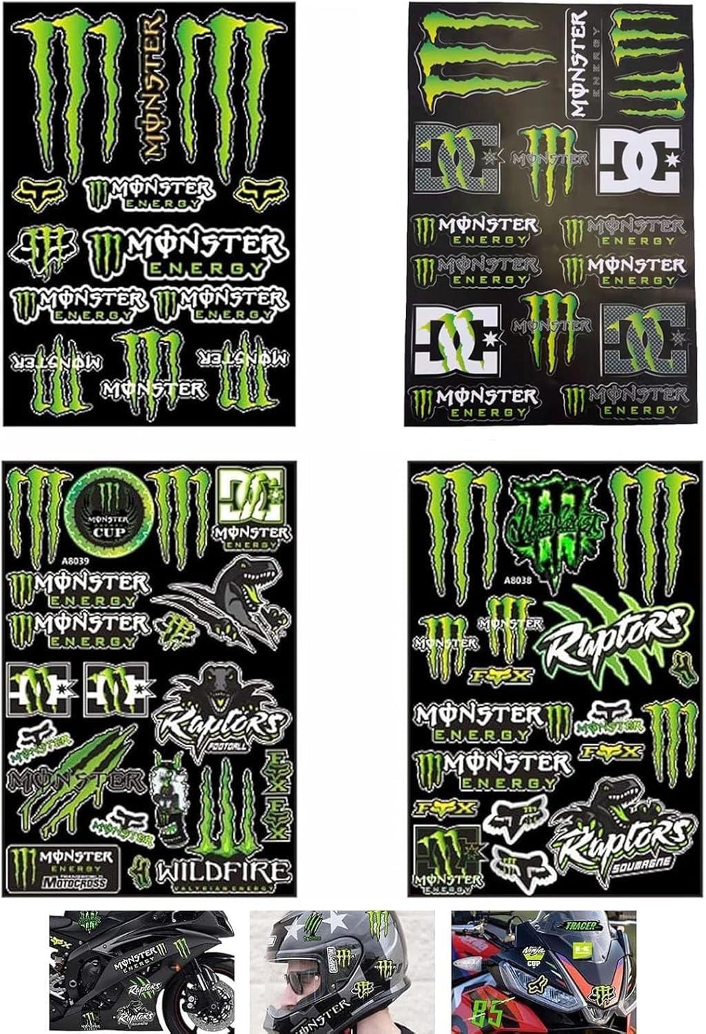 Monster Energy Motorcycle Stickers, Set of 4, for Cars, Motorcycles, and Helmets