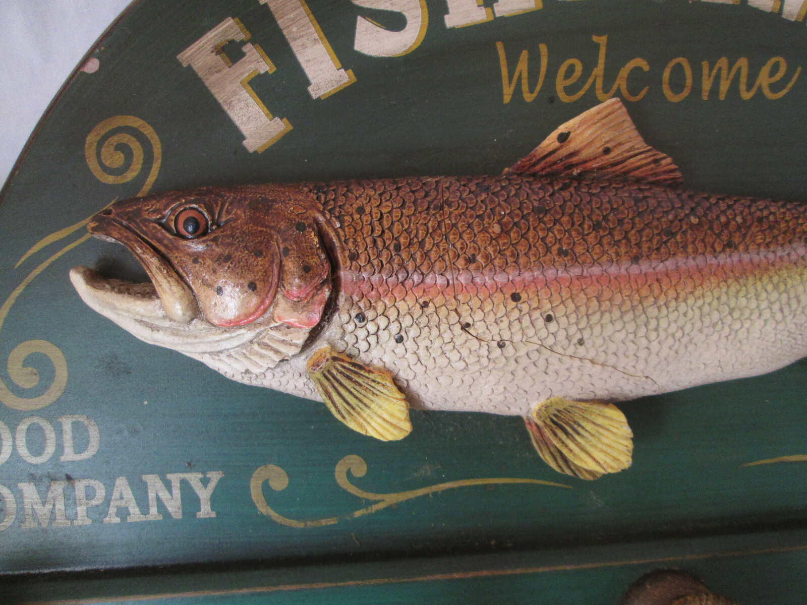 Fishermen Welcome Wood Sign With Hat & Coat Hooks 20″ X 10″ 3-D Rainbow Trout