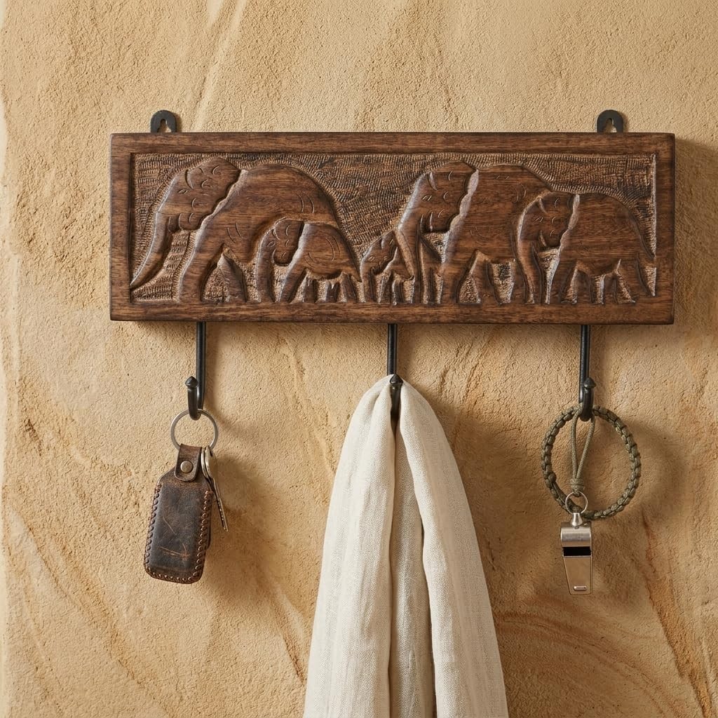 Wooden Cloth Hook Coat Rack Wall Mount 3 Hooks with Carving for Hanging Hat