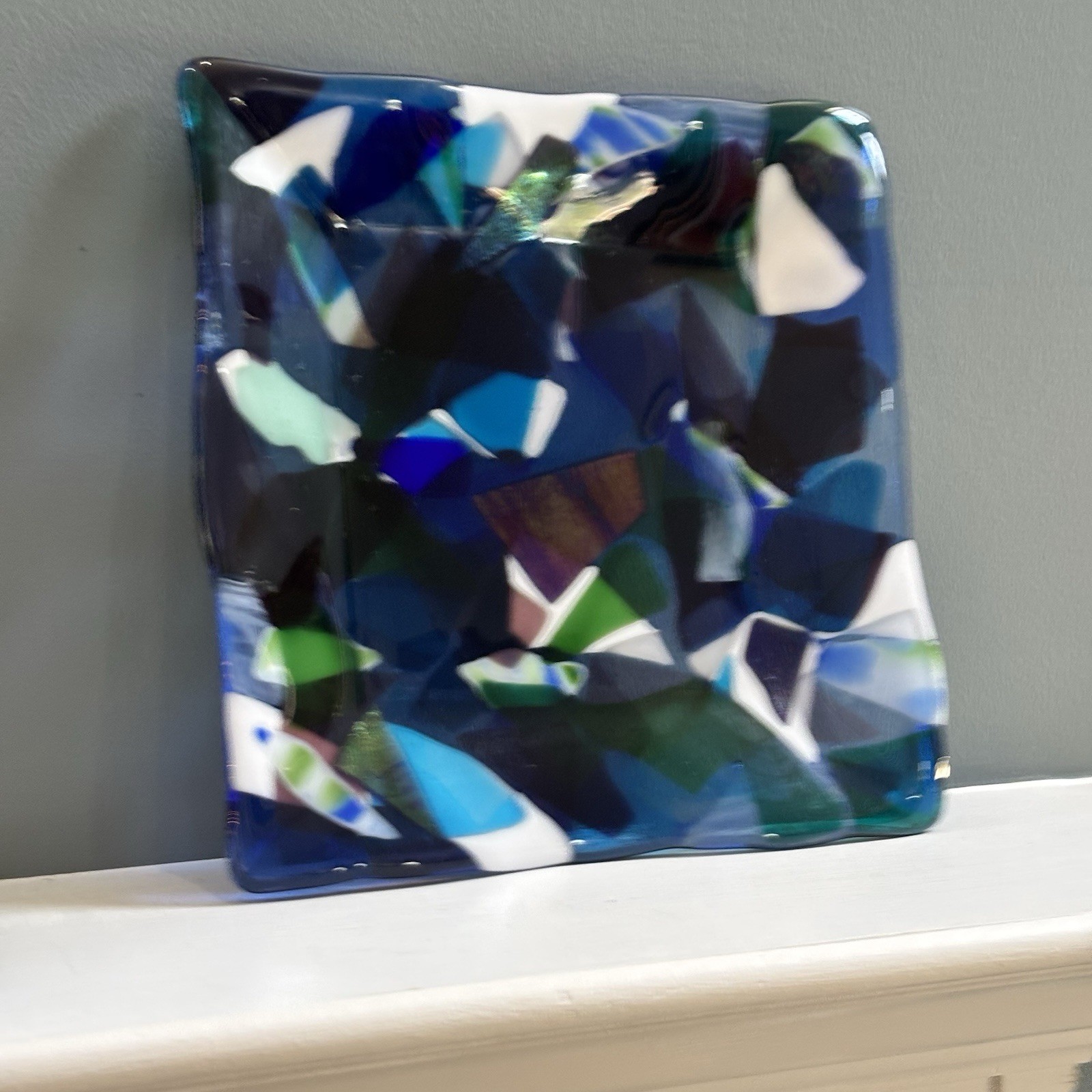Heavy Blue Purple White Fused Art Glass Square Plate 10-1/4”