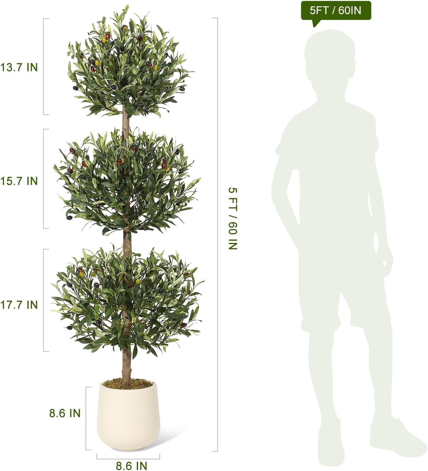 5 ft Artificial Olive Tree, Triple Ball Topiary Faux Plant with Moss & Pot