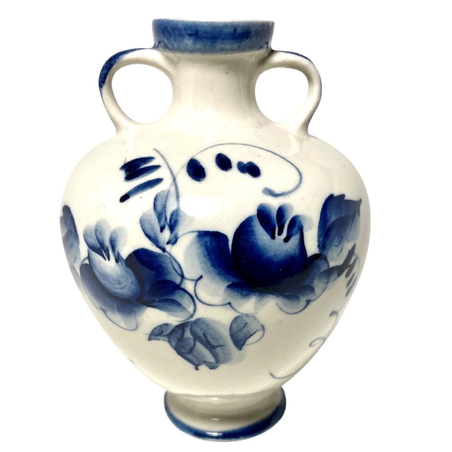 Vintage Russian Gzhel Blue & White Hand Painted Vase Floral Design USSR Marked