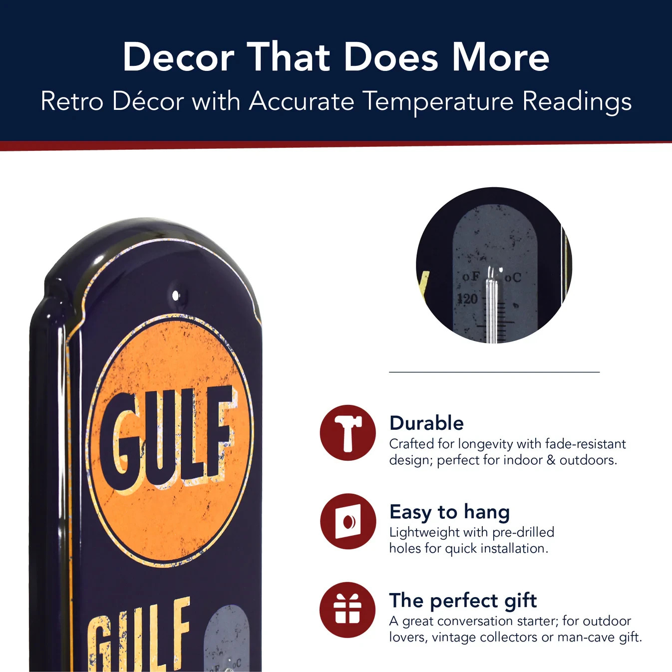 Gulf Vintage Thermometer Metal Wall Sign Garage Man Cave Retro Gas Station Decor