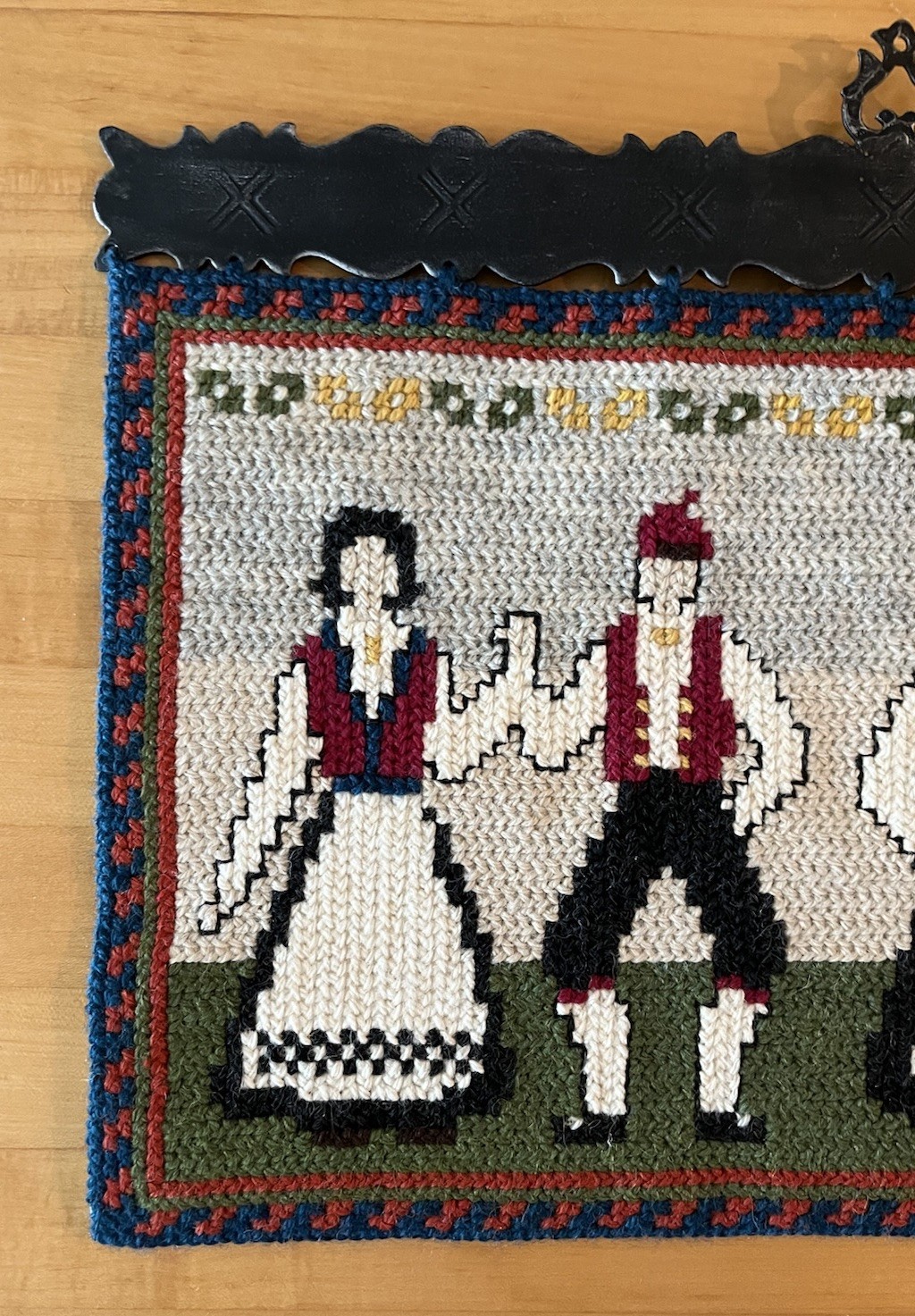 Norwegian Hand Embroidered Tvistsom Folk Art Tapestry 36in With Iron Hanger